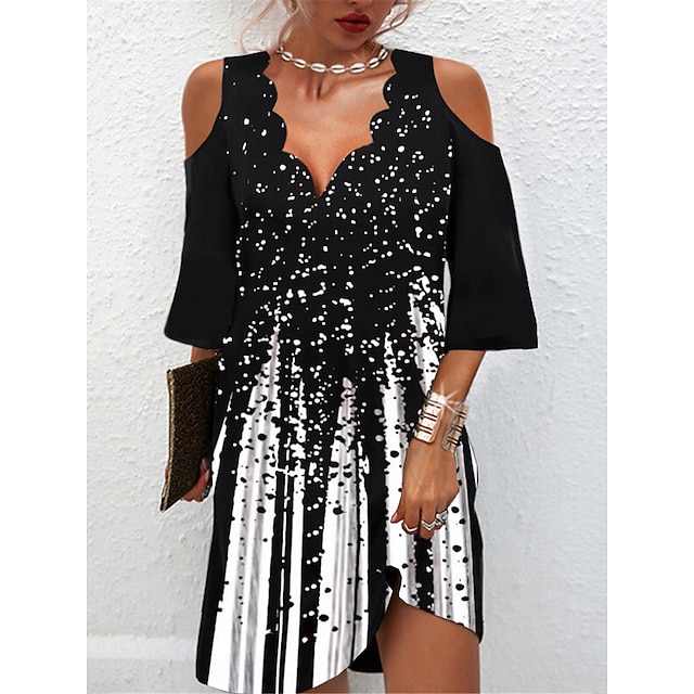 Women's Casual Dress Ombre Summer Dress Print Dress Scalloped Neck Cold Shoulder Print Mini Dress Outdoor Daily Active Fashion Loose Fit Half Sleeve Black Summer Spring S M L XL XXL