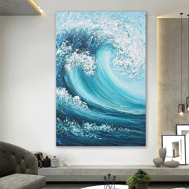 100% Hand Painted Thick Skin Texture Raging Waves Abstract Decoration Oil Painting for Wall Art 24*36 Inch with Stretched Frame for Hanging