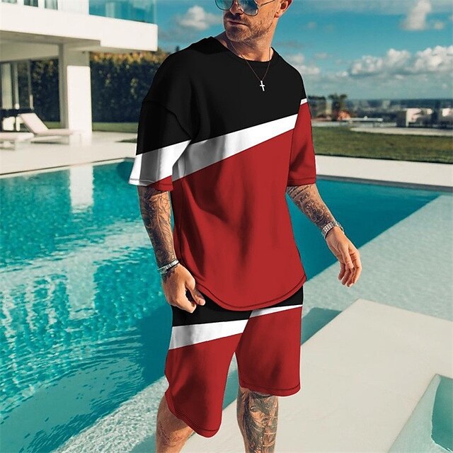 Men's Shorts and T Shirt Set TShirt Outfits Graphic Color Block Crew Neck Clothing Apparel 3D