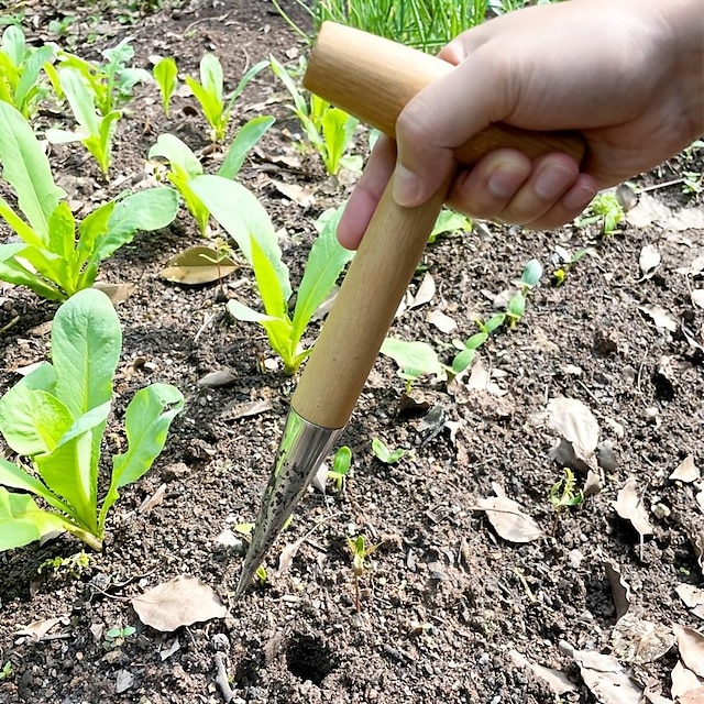  1 Stück Edelstahl-Sau-Dibbler mit Holzgriff T-Typ-Dibber-Gartenwerkzeug, handgehaltener Blumenzwiebelpflanzer zum Graben, Aussäen, Umpflanzen von Gemüse, lockerer Erde