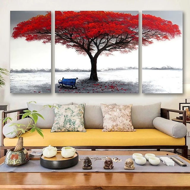  kézzel festett vörös fa olajfestmény lehullott levelek kortárs művészeti dekoráció készen áll három panel kinyújtott kerettel