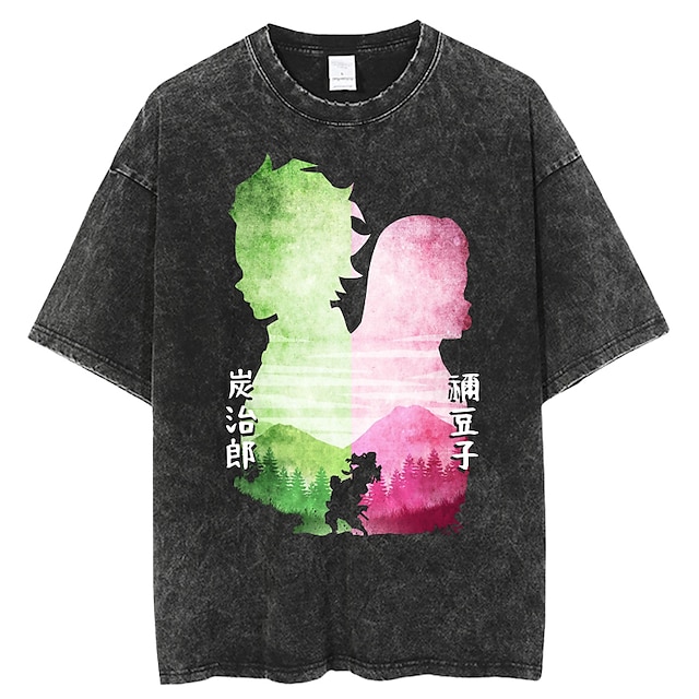  Kamado Nezuko Kamado Tanjiro Akaza Japonesa/Curta Camiseta lavada com ácido extragrande Imprimir Arte Gráfica Para Casal Homens Mulheres Adulto Lavagem com ácido Casual / Diário