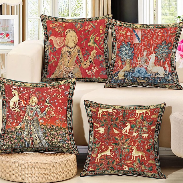  středověký oboustranný povlak na polštář 4ks lady jednorožec dekorativní povlak na polštář povlak na polštář do ložnice obývací pokoj pohovka gauč křeslo
