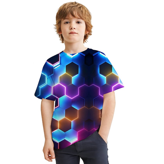  Kinderen Jongens T-shirt Tee Grafisch Geometrisch Korte mouw Ronde hals Kinderen Top Buiten 3D-afdrukken Sport Modieus Stoer Zomer blauw 3-12 jaar