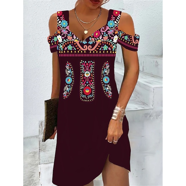  Women's Casual Dress Graphic Floral Ethnic Dress Summer Dress V Neck Print Midi Dress Daily Holiday Fashion Classic Regular Fit Sleeveless Black And White Maroon Black Summer Spring S M L XL XXL