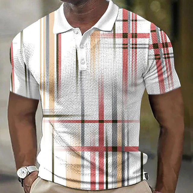 Men's Geometric Waffle Polo Shirts Golf Shirt Short Sleeve Polo Shirts ...