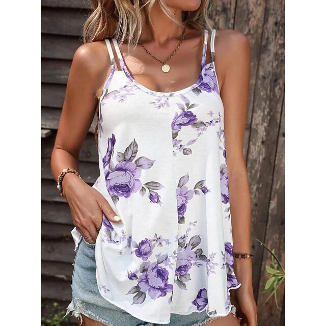  Women's Tank Top Red Blue Purple Print Floral Casual Holiday Sleeveless U Neck Basic Regular Floral S