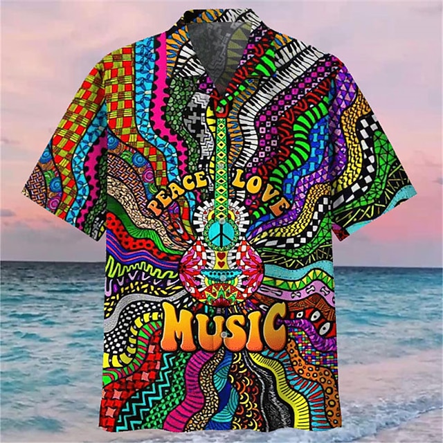  Homens Camisa Social Camisa havaiana Estampas Abstratas Música Hippie colar cubano Azul Roxo Arco-íris Ao ar livre Casual Manga Curta Imprimir Roupa Esportes Moda Roupa de rua Designer