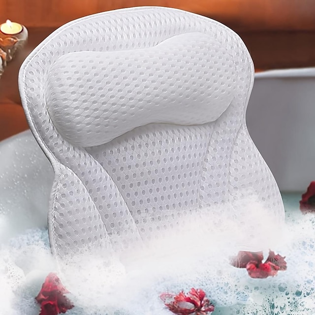  Bath Pillow For Tub, Bathtub Pillow For Head Neck Back Support Non Slip, 4D Air Mesh Soft Tub Pillow For Headrest With 6 Suction Cups, Suitable Spa Cushion For Tub, White