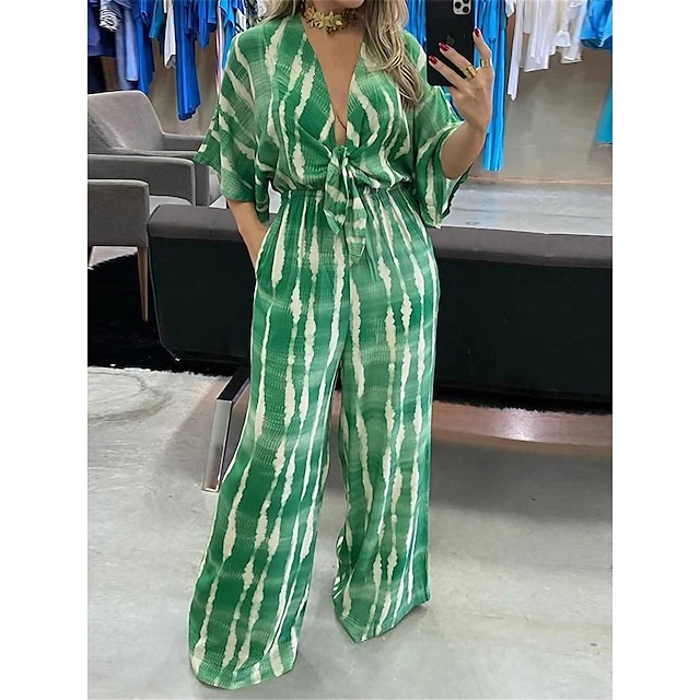  Women's Jumpsuit Striped Lace up Pocket Streetwear V Neck Street Daily 3/4 Length Sleeve Regular Fit Green Gray S M L Summer