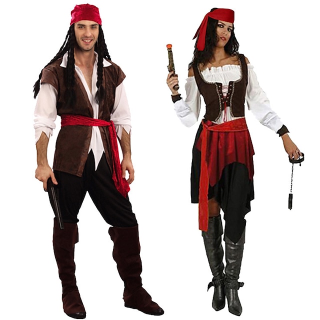  Pirates of the Caribbean piraten van de Caraïben Outfits Kostuum Voor Stel Voor heren Dames Film cosplay Cosplay Kostuum feest Bruin Maskerade Ves Top Rok