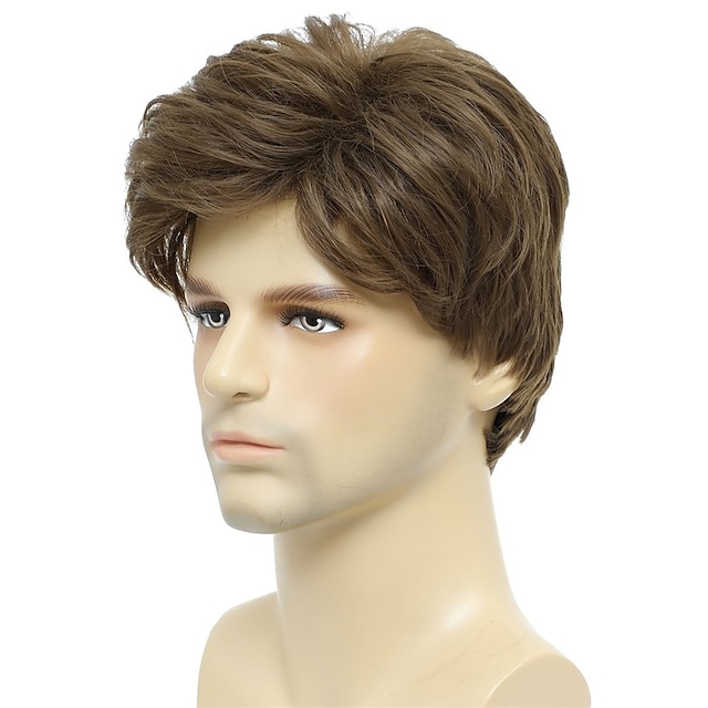  Mens Wigs Short Brown Wig Men Natural Fluffy Cosplay Costume Synthetic Mens Wig for Male Guy