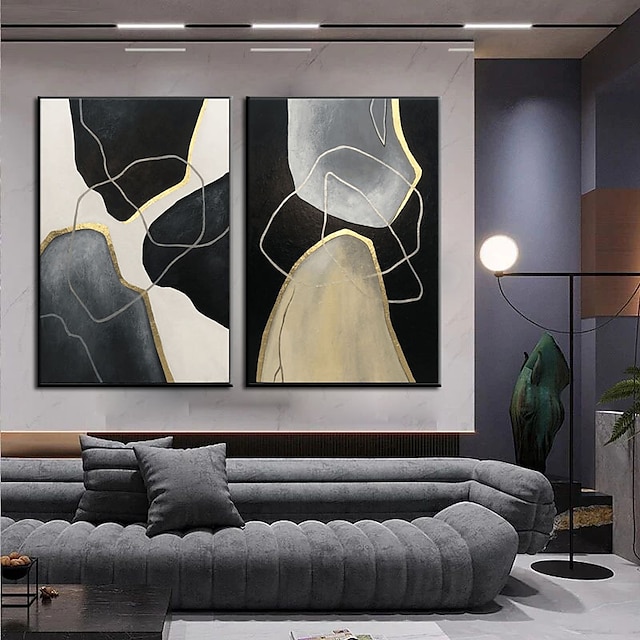  Handmade Hand Painted Oil Painting Wall Modern Abstract Oversize Abstract Paintings On Canvas Black And White Wall Art Set Of 2 Acrylic Painting for Hotel Wall Decor  MOVEMENT OF SPIRITS No Frame
