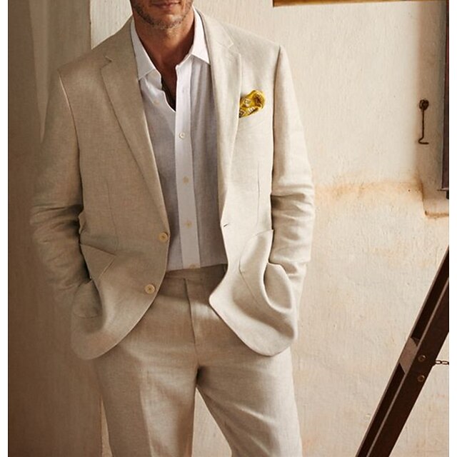 Men's Beige Linen Suits Beach Wedding 2 Piece Summer Suits Solid