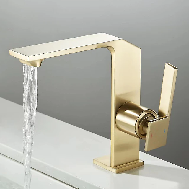Waterfall Bathroom Sink Mixer Faucet Brass, Single Handle Washroom Basin Taps One Hole Faucets with Hot and Cold Hose, Waterfall Spout Brass Bathroom Tap Chrome Black Gold Grey 16