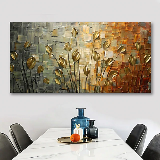 Oil Painting Hand Painted Horizontal Panoramic Abstract Floral / Botanical Modern Stretched Canvas 7