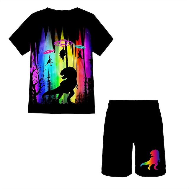  2 Dele Børn Drenge T-shirt & Shorts Tøjsæt Outfit Grafisk Dinosaurus Kortærmet Crewneck Sæt udendørs Sport Mode Sej Forår 7-13 år Sort