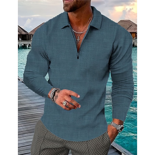 Men's Polo Shirt Quarter Zip Polo Casual Holiday Lapel Quarter Zip Long ...