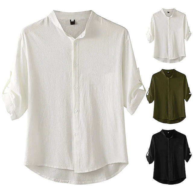 Men's Shirt Cotton Linen Shirt White Cotton Shirt Chinese Collar Shirt Mandarin Collar Shirt Casual Shirt Plain Vacation Hawaiian Black White Green Short Sleeve Stand Collar Spring & Summer Clothing 7