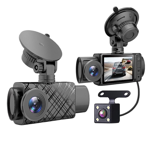  3-kanals dash cam med 64gb micro sd-kort 1080p front- och insida dash kamera för bilar ir mörkerseende bilkamera för taxi parkeringsmonitor hdr rörelsedetektor sugkopp