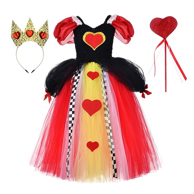  Alice in Wonderland La reina roja Vestidos Vestido de niña de las flores Vestidos de tul Chica Cosplay de película Cosplay Negro Amarillo Rojo Día del Niño Mascarada Boda Invitado a la boda Vestido