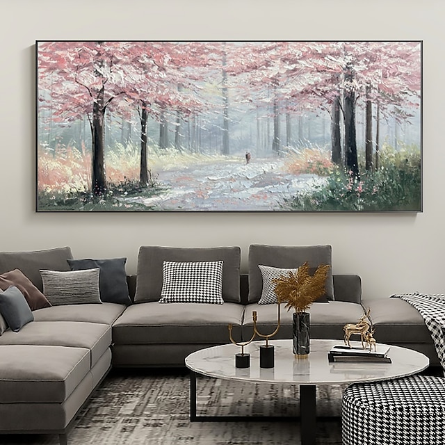  Pintura al óleo hecha a mano lienzo arte de la pared decoración pintura de árbol rosa original pintura de paisaje de bosque abstracto para decoración del hogar con marco estirado/sin pintura de marco