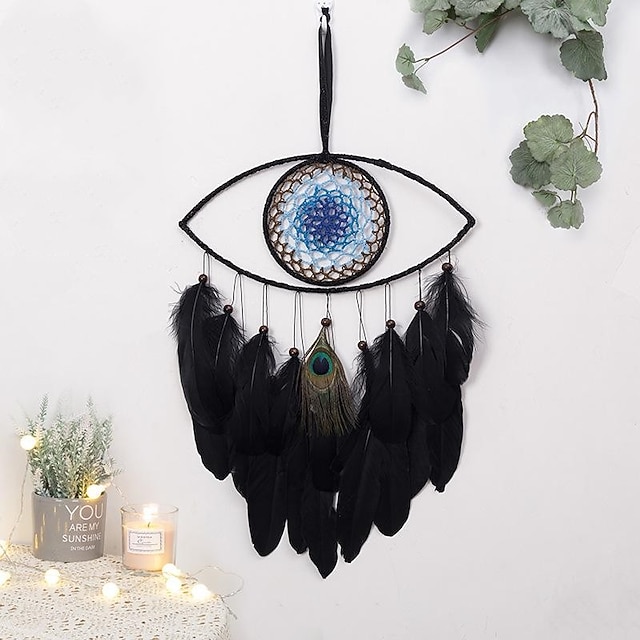  Atrapasueños con ojos del diablo, regalo hecho a mano, pluma negra, ojos azules, gancho, flor, carillón de viento, adorno, decoración para colgar en la pared, 30x6 0cm/11,8''x23,6''
