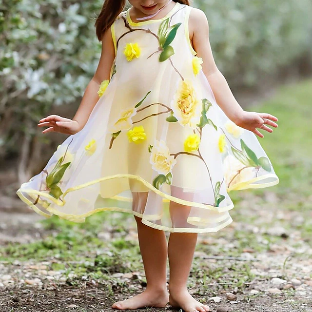 Kids Girls' Dress Flower Sleeveless Casual Active Daily Cotton Above Knee Casual Dress Floral Dress Summer Spring 4-12 Years Yellow Pink Purple 10