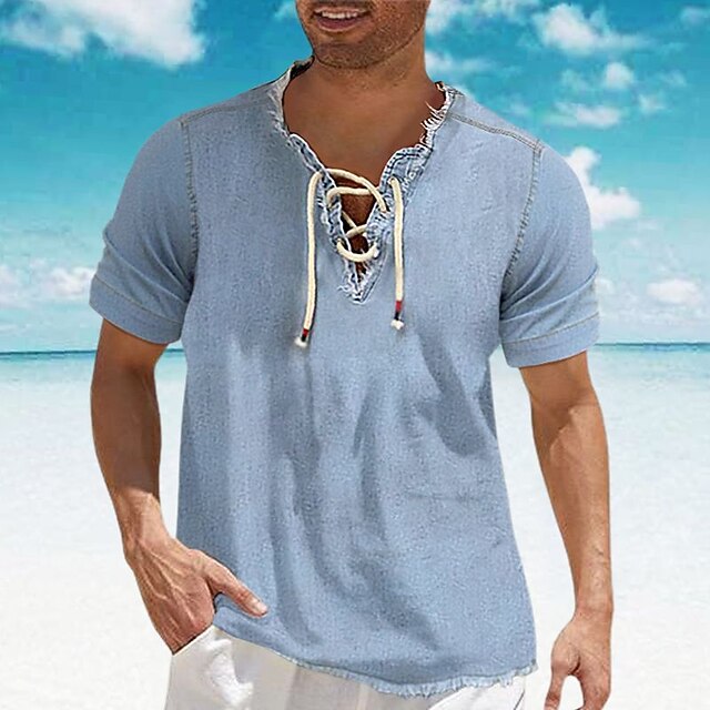Men's Shirt Chambray Shirt Calico Shirt Summer Shirt Beach Wear Casual Shirt Navy Blue Blue Light Blue Short Sleeve Plain Denim V Neck Daily Vacation Drawstring Clothing Apparel Cotton Blend Fashion4