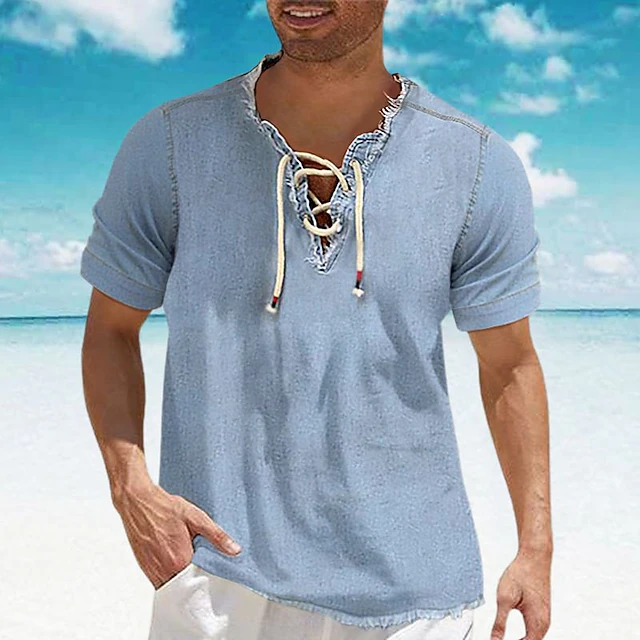Men's Shirt Chambray Shirt Calico Shirt Summer Shirt Beach Wear Casual Shirt Navy Blue Blue Light Blue Short Sleeve Plain Denim V Neck Daily Vacation Drawstring Clothing Apparel Cotton Blend Fashion4