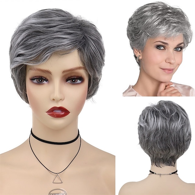  Synthetic Natural Mommy Wig with Bangs Grey Short Wigs for Women Older Lady Hairstyle Halloween Costume Wigs for Mother