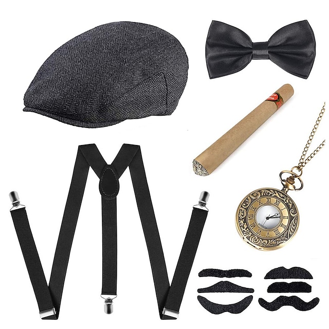  Set de accesorii anilor 1920 6 bucăți pentru bărbați pălărie știri pentru gangster bretele cu spate în Y ceas de buzunar hohote anii 20 rechizite pentru petreceri tematice