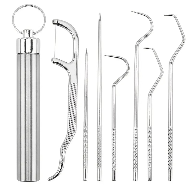  juego de bolsillo de palillos de dientes de acero inoxidable palillo de hilo dental portátil kit de limpieza de dientes de palillos de dientes de metal reutilizable con soporte de llavero para picnic