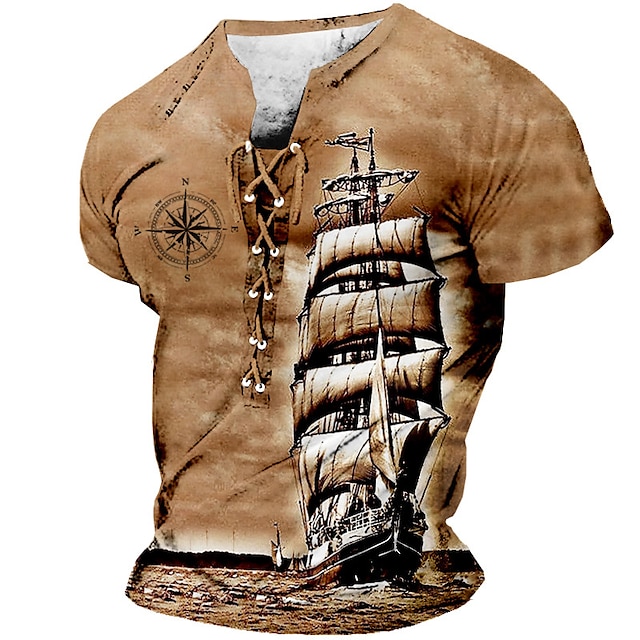  segelbåt och kompass herr grafisk skjorta snörning 3d för segling brun sommar bomull t-shirt fartygsstativ krage kläder kläder tryck dagligen sport kortärmad svart vit casual grå