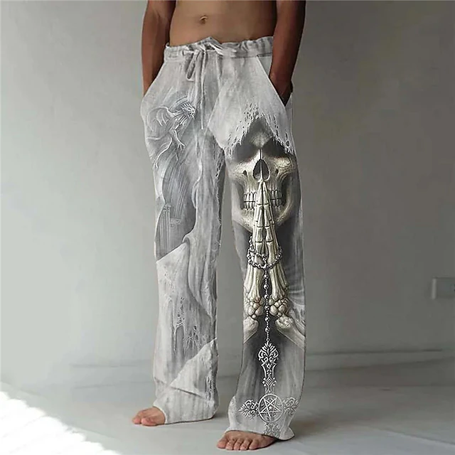 Men's Trousers Summer Pants Beach Pants Drawstring Elastic Waist 3D Print Skull Graphic Prints Comfort Casual Daily Holiday Streetwear Hawaiian Blue Green 5