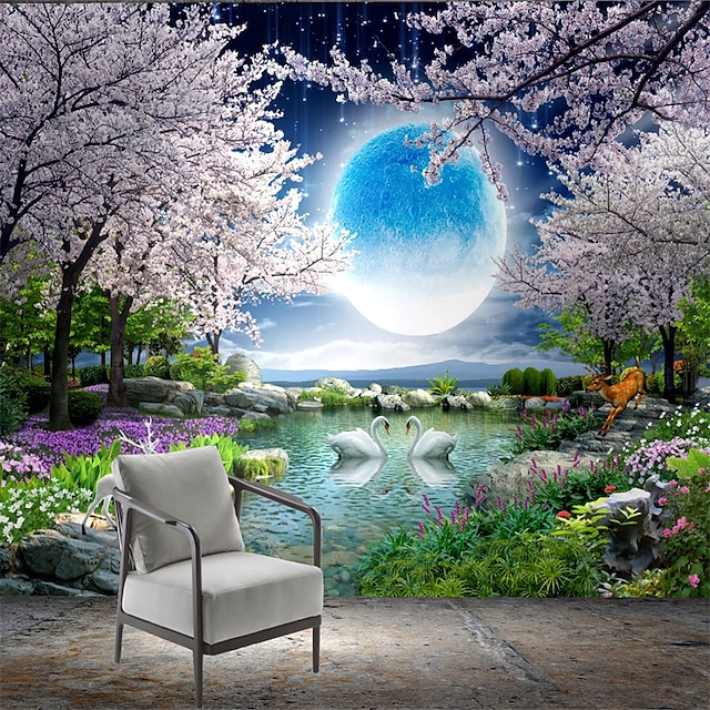 Cool Wallpapers Wall Mural Landscape 3D Mural Wallpaper Night View Cherry Blossom Wall sticker Self-adhesive PVC/Vinyl for Living Room Bedroom Restaurant Hotel Wall Cloth Room Home Decor 9