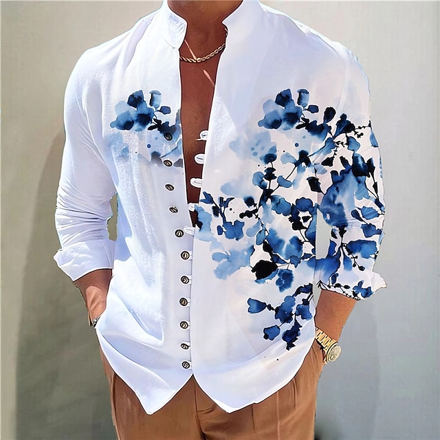  Herre Blomstret Skjorte Skjorte med knapper Langermet Mote Designer Fritid Feriereise Daglig Ut på byen Høst Vår sommer Høy krage Trykt mønster Gul Blå Lilla Grønn Grå