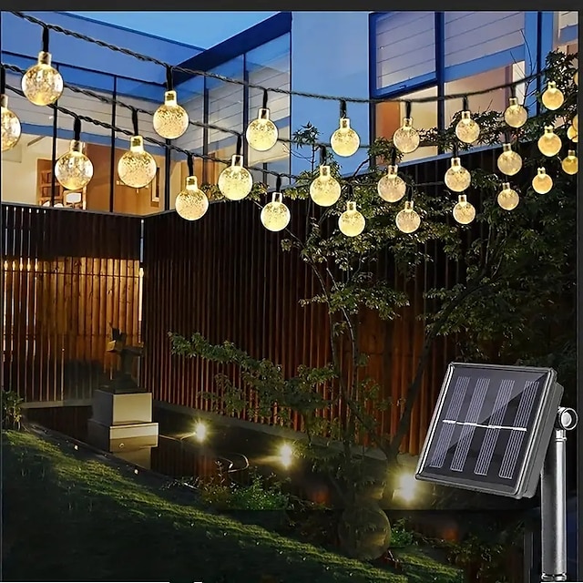  led napelemes füzér lámpák kültéri 5-30m kristálygömb lámpák 8 világítási móddal esküvői dekoráció vízálló napenergiával működő terasz lámpák kerti udvarra verandán esküvői parti dekoráció meleg