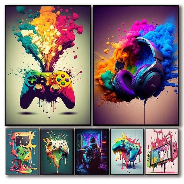  80s 90s  Wall Art Colorful Neon Gamer Controller Canvas Poster Fantasy Earphones Esports Gaming Wall Art Painting For Kawaii Room Decor