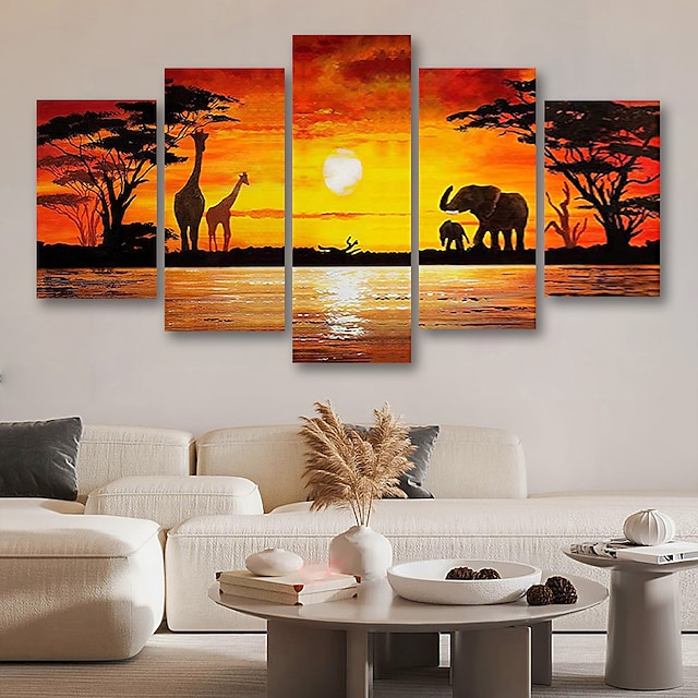  5 paneli wall art wydruki na płótnie plakaty malarstwo grafika obraz słoń zwierząt drzewo zachód słońca dekoracji wnętrz wystrój walcowane płótno z rozciągniętą ramą;