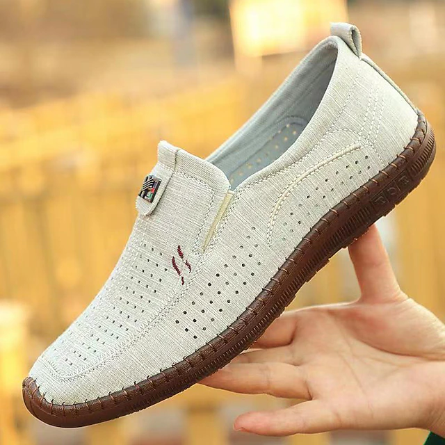Men's Breathable Beige Slip-On Loafers with Perforated Design and Cushioned Sole - Lightweight Casual Shoes for Summer and Outdoor Wear 10