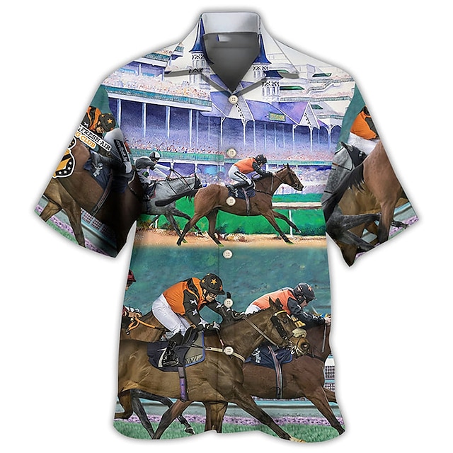  Hombre Camisa camisa hawaiana Caballo Estampados Las carreras de caballos Collar Cubano Rojo Azul Piscina Morado Verde Trébol Exterior Casual Manga Corta Estampado Ropa Deportes Moda Ropa de calle