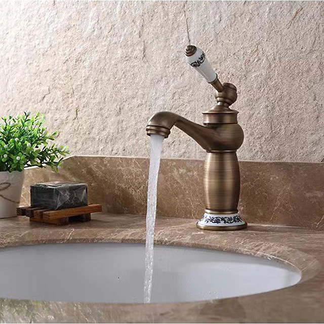Vintage Bathroom Sink Mixer Faucet, Monobloc Washroom Basin Taps Single Handle One Hole Deck Mounted, Mono Retro Style Water Taps Hot and Cold Hose 16