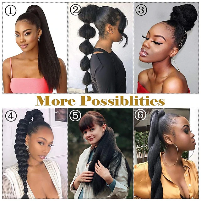 Draw String Attachments Long Yaki Straight Drawstring Pony Tail Hair Attachments for Women ...