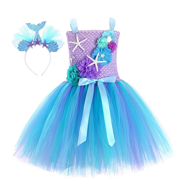  Mała syrenka Ariel Sukienka Sukienka Flower Girl Tiulowe Sukienki Dla dziewczynek Kostiumy z filmów Cosplay Niebieski Dzień Dziecka Bal maskowy Ślub Gość weselny Sukienka