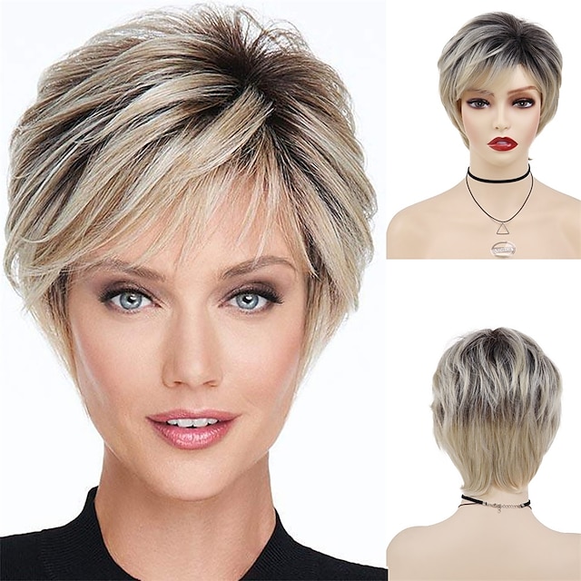  perruques blondes synthétiques avec une frange pour les femmes perruque courte coiffure naturelle racines sombres cheveux ombrés perruques de haute qualité droites