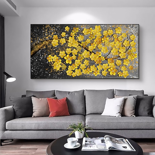  手作りの油絵 キャンバス ウォールアート 装飾 オリジナル 咲く黄色い桜の絵 抽象的な花の絵 家の装飾用 ストレッチフレーム付き/インナーフレームなしの絵画