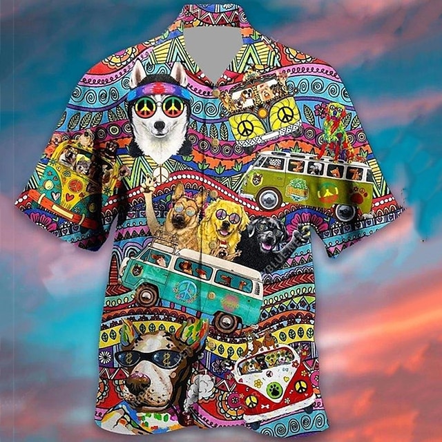  Herre Skjorte Hawaii skjorte Dyr Hund Hippie Cubansk krave Regnbue udendørs Afslappet Kortærmet Trykt mønster Tøj Sport Mode Gade Designer