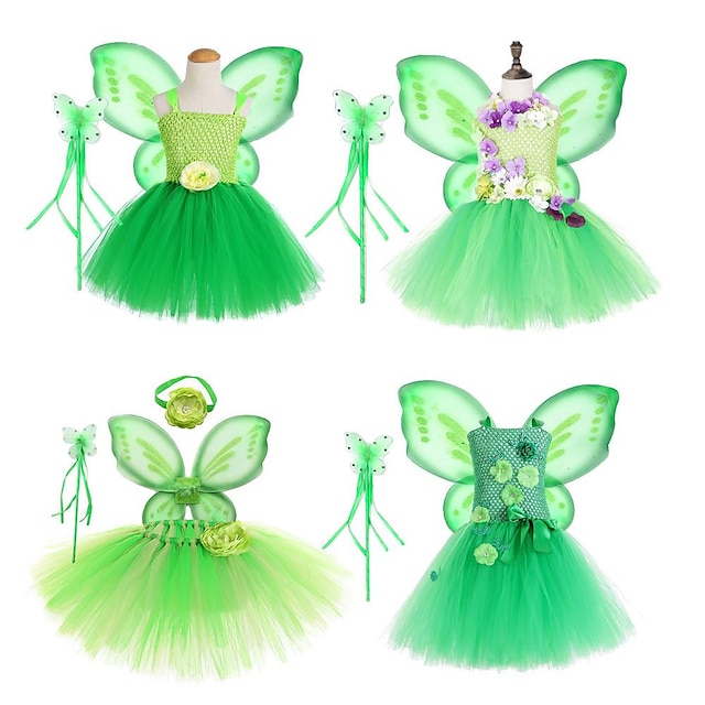  Tinker Bell Fairytale Princess Tiana Dress Flower Girl Dress Tulle Dresses Girls' Movie Cosplay Cosplay Gray & Green Yellow Dark Green Children's Day Masquerade Dress