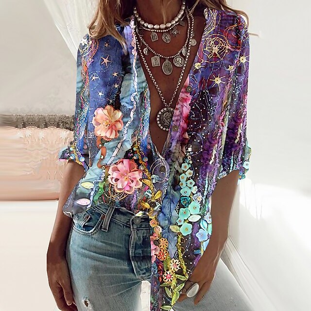 Women's Shirt Long Sleeve Button Down Blouse Basic Floral Buttons Print Long Tops V Neck Casual Holiday Purple Spring Fall4